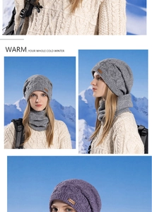 Close-up of grey cable knit winter hat and neck warmer set with soft fleece lining
