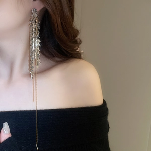 Gros plan de longues boucles d'oreilles argentées à pompons sur un mannequin féminin