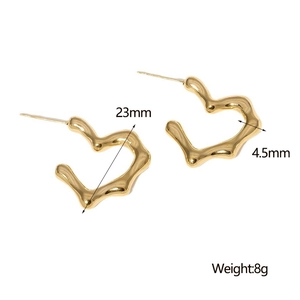 Detail of heart stud earrings showing 23mm length and 8g weight for gold titanium steel jewelry