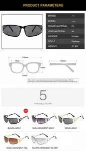 Detailed size chart for Y2K futuristic square sunglasses featuring technical measurements