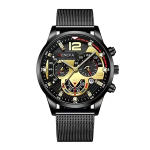 Men's black quartz watch with mesh metal strap and gold accents on a white background