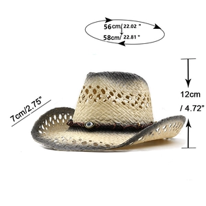 Straw cowboy hat for men with evil eye leather band and breathable ventilation design