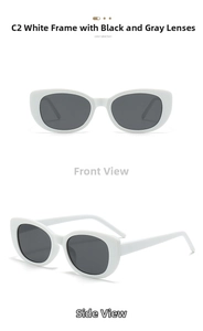Front and side view of white cat-eye sunglasses with dark grey lenses in retro style