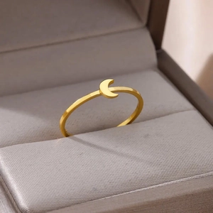Minimalist gold plated stainless steel ring with crescent moon charm in jewelry gift box