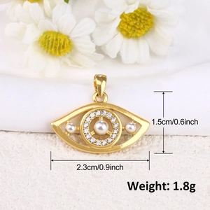 Gold plated evil eye pendant with pearls and cubic zirconia, 2.3cm by 1.5cm size