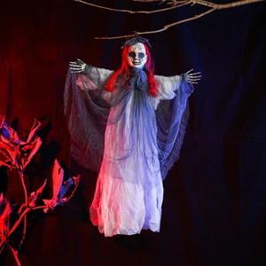 Scary Halloween hanging reaper ghost decoration with red hair and glowing lighting effects