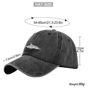Detailed size chart for shark embroidered baseball cap with head circumference and brim length