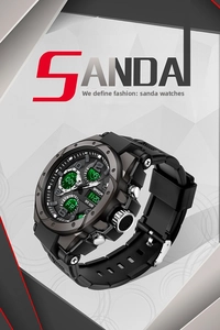 Macro shot of SANDA sports watch dial showing dual display and WR 50M waterproof detail