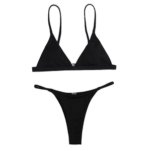 Women's black ribbed bikini set with halter triangle top and high waist tie bottoms