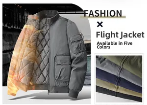 Men's flight jacket detail showing diamond quilted thermal lining and windproof fabric