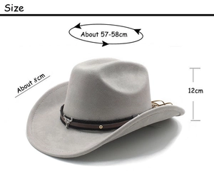 Detailed measurement guide for light grey western cowboy hat with cattle head buckle