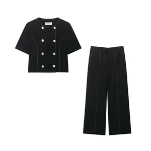 Women Short Sleeve Double Breasted Blazer And Wide Leg Pants Black Contrast Stitching Gold Buttons Elegant Commuter
