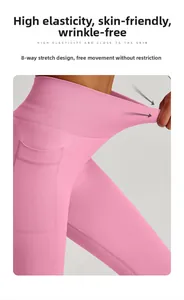Detail of pink high-waist yoga pants showing ribbed waistband and side pocket texture