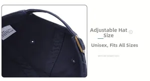 Detail of adjustable metal buckle and cotton fabric texture on navy baseball cap