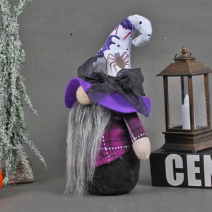 Halloween faceless gnome doll with purple plaid hat and lantern holiday decoration