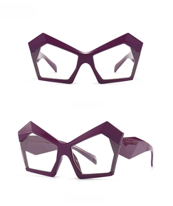 Front and side view of violet cat-eye polygonal sunglasses with a glossy finish