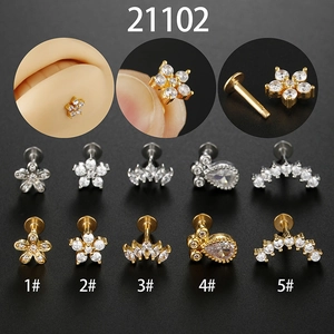 Stainless Steel Labret Stud Lip Ring Flat Back Internally Threaded Cubic Zirconia Flower Ear Cartilage Piercing Jewelry For Women Men