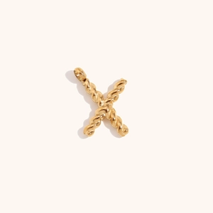 Detail of 18K gold plated X letter pendant with a twisted rope texture surface
