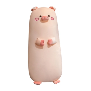 Cute long pink plush pig body pillow with cartoon face and soft cylindrical shape