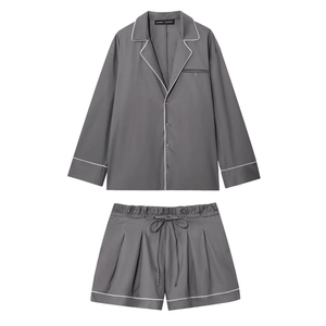 Women Long Sleeve Notch Lapel Polyester Shirt And Drawstring Shorts Loungewear Contrast Piping Pajama Top And Bottom