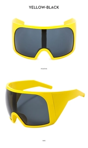 Detail view showing front and side profile of futuristic yellow wrap-around sports sunglasses