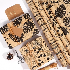 Vintage Kraft Gift Wrapping Paper Roll Printed Floral Monstera Pattern For Birthday Valentine Party DIY Crafts