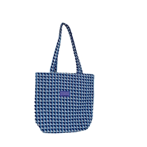 Checkered blue and white woven tote bag with purple label and large capacity design
