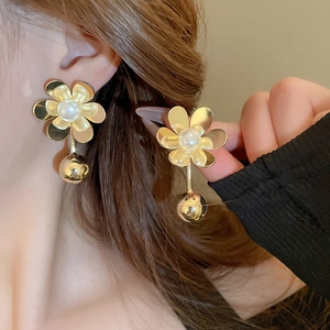 Metallic flower earrings with white pearls and gold bead drops for women