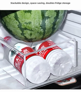 Close-up of clear acrylic shelf holding bottled water and fruit in a refrigerator