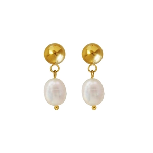 Elegant gold metal ball and white baroque pearl drop earrings for women with a sleek finish