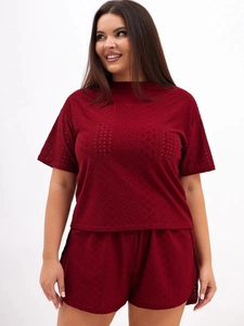 Detail of burgundy two-piece loungewear set featuring hollow knit breathable texture fabric