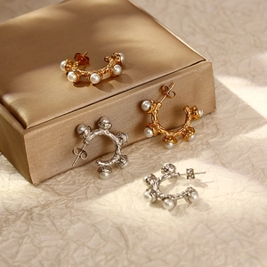 Retro C-Shaped Stainless Steel Earrings With Artificial Pearl And Zircon 18K Gold Plated Geometric Lava Texture For Women