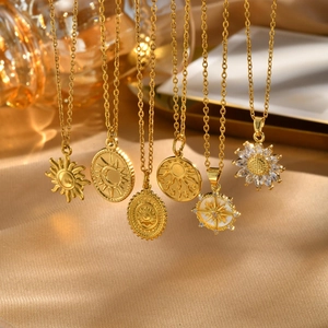 Sun Pendant Necklace 18K Gold Plated Stainless Steel Cubic Zirconia Sunflower Star Compass Vintage Jewelry Women