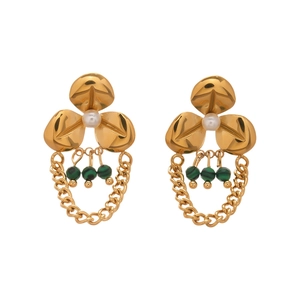 Gold stainless steel flower earrings with pearls, malachite beads and chain tassels