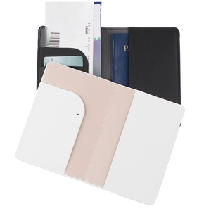 Detail view of passport holder compartments for cards, tickets and boarding pass storage