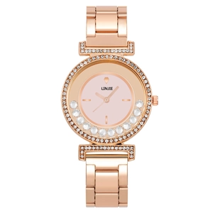 Elegant rose gold women's watch with sparkling crystals and metal link bracelet strap