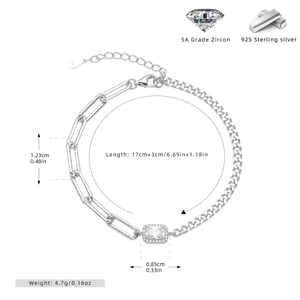 Detailed view of S925 sterling silver bracelet with square zircon and size measurements