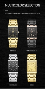 Detailed grid view of rectangle men's watches with steel bands and date display
