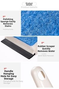 Detail view of abrasive sponge, rubber squeegee blade, and ergonomic handle with hanging hole