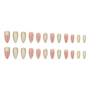 Pink and glitter gold almond press-on nails set with elegant French manicure design