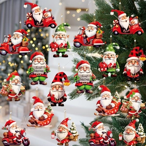 Close-up of wooden Christmas gnomes and Santa driving vintage scooters ornaments