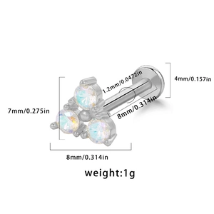Detailed view of silver lip stud with 3 colorful zircons and size specifications
