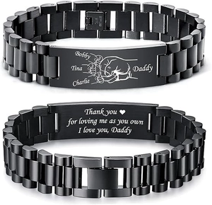 Macro shot of custom engraved black stainless steel watch band bracelet for men