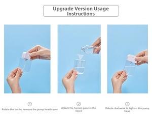 Detail guide showing steps to fill portable card spray bottle using a mini funnel