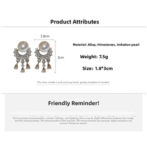 Detailed view of silver pearl drop earrings with rhinestones and dimensions 1.8x3cm