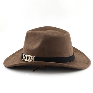 Detail of dark brown felt cowboy hat featuring a black ribbon and gold buckle