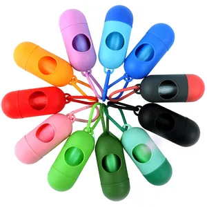 Capsule shaped pet waste bag dispensers with carabiners in 11 vibrant matte colors