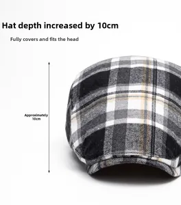 Detail view of plaid newsboy hat showing 10cm depth and black white check fabric texture