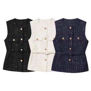 Women Sequin Tweed Vest Round Neck Sleeveless Elegant Boucle Top With Belt Gold Buttons Vintage Outerwear