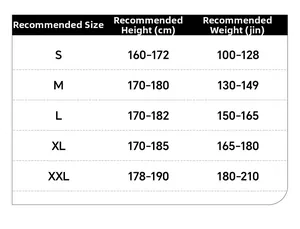 Detailed size chart for men sports casual jacket showing S to XXL height and weight guide